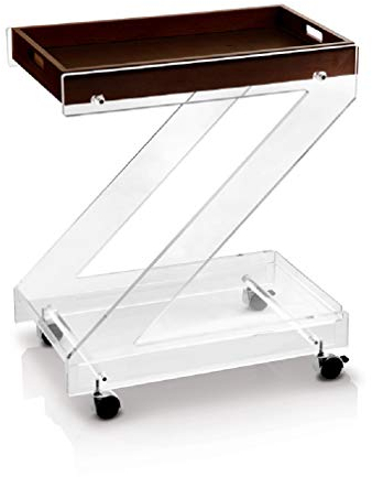 Vesta Home Zeta Servierwagen mit 2 Etagen, Acrylglas, transparent, mit Tablett oben aus dunklem Holz und Rollen, Maße: 62 x 38 x 78 cm
