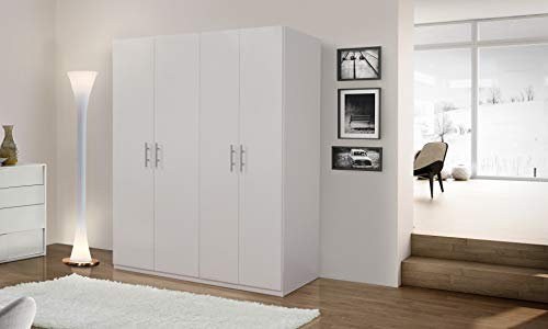 Dmora Armoire à 4 portes battantes, blanc mat, avec tringle à vêtements, Dimensions 181 x 202 x 53 cm