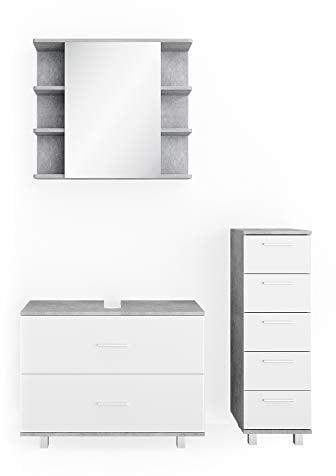 Vicco Badmöbel-Set Ilias, Beton/Weiß, 80 cm, besteht aus Waschbeckenunterschrank, Spiegelschrank und Midischrank