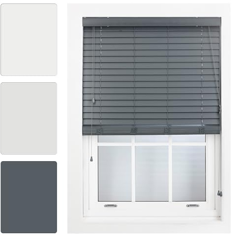 FURNISHED Window Venetian Blinds Faux Wood Venetian Blind 50mm Made to Measure, Dark Grey Up To 240W x 210H cm