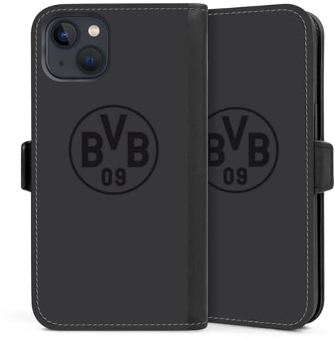 Klapphülle kompatibel mit Apple iPhone 13 Handyhülle aus Kunst Leder schwarz Flip Case Borussia Dortmund Logo BVB