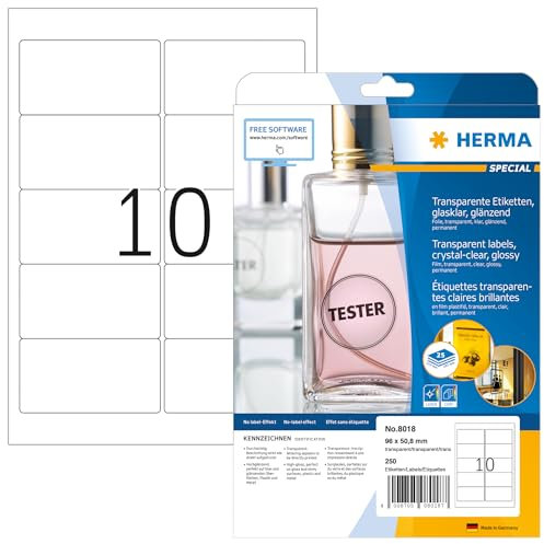 HERMA 8018 Wetterfeste Folienetiketten transparent, 800 Blatt, 96 x 50,8 mm, 10 pro A4 Bogen, 8000 Stück, selbstklebend, bedruckbar, glänzend, blanko Klebeetiketten Aufkleber aus Folie, durchsichtig