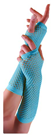 Damen 1980er Jahre Party Fischnetz Fingerlose Handschuhe Damen Lange Fancy Party Mesh Zubehör Handschuhe, türkis, One size