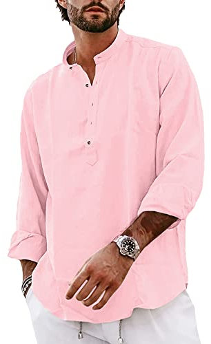YAOBAOLE Men's Casual Shirts for Men UK Cotton Linen Henley Shirts Men Yoga Tops Pink XL