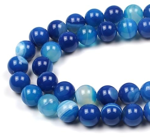 MJDCB Natural Round Stone Beads 10mm Blue Striped Agate Loose Gemstone Beads for Jewelry Making Bracelet Necklace 35pcs