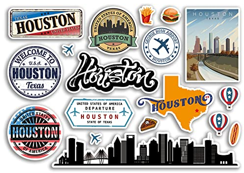 A5 Aufkleberbogen Houston Sehenswürdigkeiten Vinyl Aufkleber – Texas Amerika Staaten USA American Airport Briefmarken Skyline Flagge Karte Reise Urlaub Scrapbooking Stadt Gepäck #79157