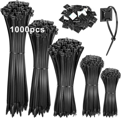 1000 Pezzi Fascette Plastica,Fascette Elettricista 100/150/200/250/300 mm x 3,6 mm Fascette Stringicavo Viene Fornito con 50 Basi Adesive,per Gestione dei Cavi Elettrici, Fili, Giardinaggio