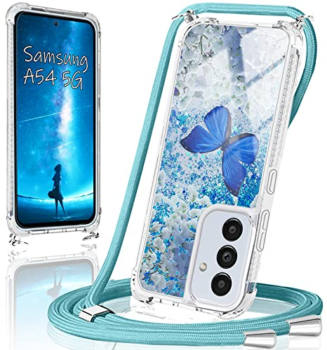 XCYYOO Coque pour Samsung Galaxy A54 5G avec Cordon,Motif De Papillon Housse Samsung Galaxy A54 5G Protection Paillette Souple Mouvants Bling avec Collier Lanyard Case Réglable Téléphone Portable