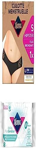 Lot Nana Culotte Menstruelle Lavable - Flux Abondant - Noire - Coupe Hipster, S + Nana PureSensitive Lingettes Intimes Hypoallergéniques - 0% Allergène*, Parfum - 12 Lingettes