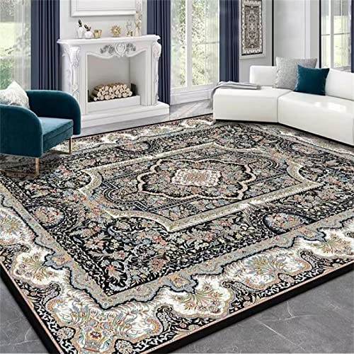 DJHWWD Babyteppich Teppich Petrol Einfarbiges Wohnzimmer Im Retro-Ethno-Stil Sofadecke Couchtischunterlage Hotelbett Und Frühstück Schwarz Auslegware 100X150cm