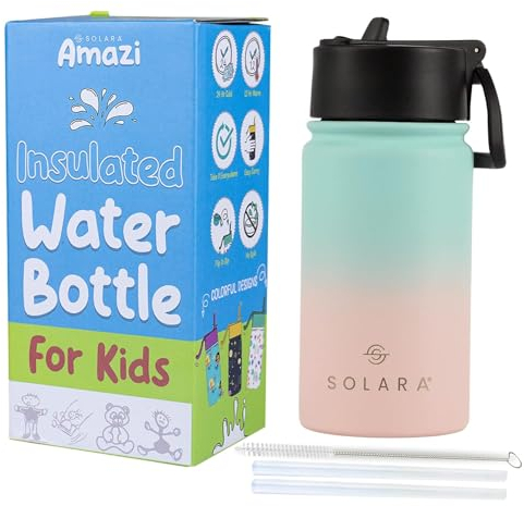 SOLARA Metal Water Bottle for Kids, 14oz Double Wall Vacuum Insulated Stainless Steel Kids Water Bottles with Straw, Sipper Bottle for Kids, Keeps Cool for 24hrs and Warm for 12hrs -Pink Teal