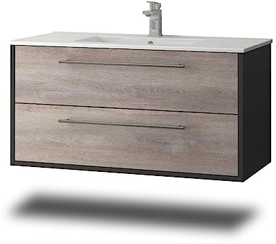 Stil.Zeit Evelia Badmöbel inkl. Waschbecken | Waschtisch mit Unterschrank 100.5 cm | Anthrazit/Dekor Eiche Grau| Metallgriffe/hängend
