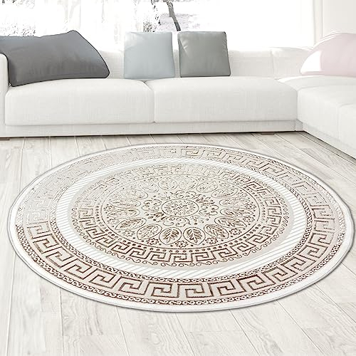 CARPETIA Wohnzimmer Schlafzimmer modern edel Orient Glanzeffekt Ornamente Kurzflorteppich Designerteppich Creme beige 120 cm Rund