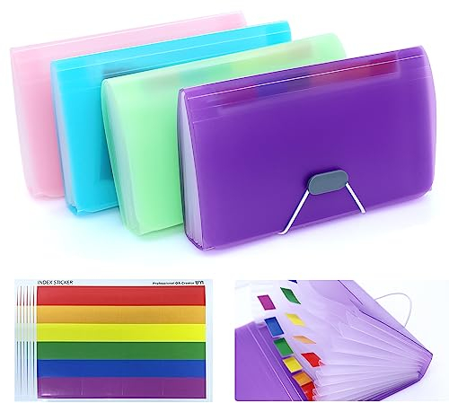 4 Stk Fächermappe A6 Dokumententasche Mit 13 Fächer, Dokumentenmappe Mit 8 Beschriften, Sortiermappe Tragbar Akkordeon Bunt Dateiordner für Rechnung Gutscheine Coupons Tickets (4 Farben)
