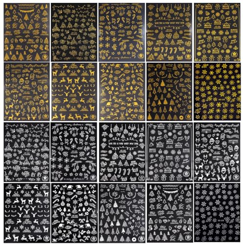 20 Blatt Nagelsticker Weihnachten Gold Silber Selbstklebend Nagelaufkleber Weihnachten DIY Nail Art Tipp Sticker Decals DIY Dekoration Nageldesign Zubehör für Damen Fingernägel Tattoo
