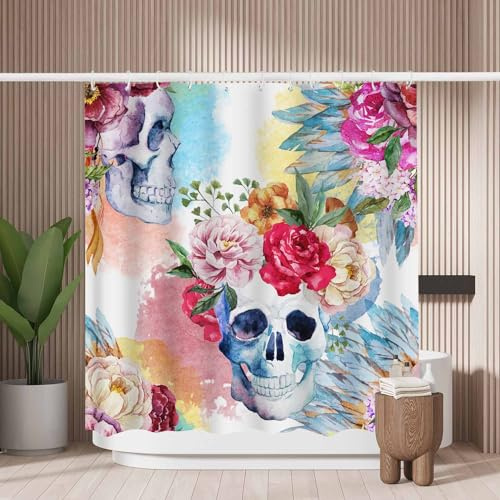 Woutay Rideau de douche résistant à la moisissure en polyester avec 12 crochets en plastique Motif tête de mort et fleurs