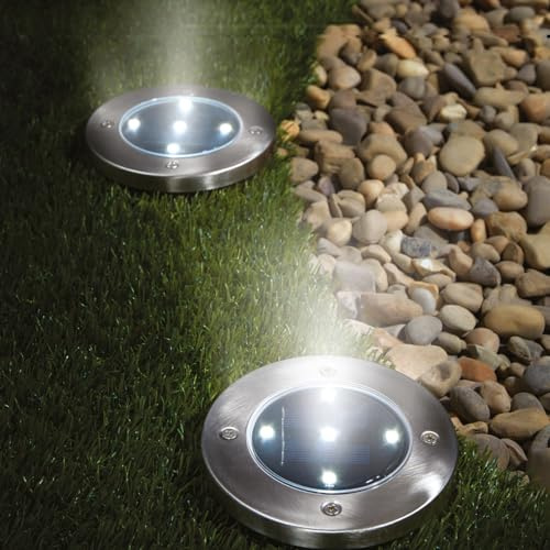 4 x Solar Powered Garden Up Lights – Weather Resistant Round Low Profile Bright LED Outdoor Lighting for Lawn, Patio, Decking, Border, Flowerbed, Pathway, Driveway - Each Measure 12cm Diameter