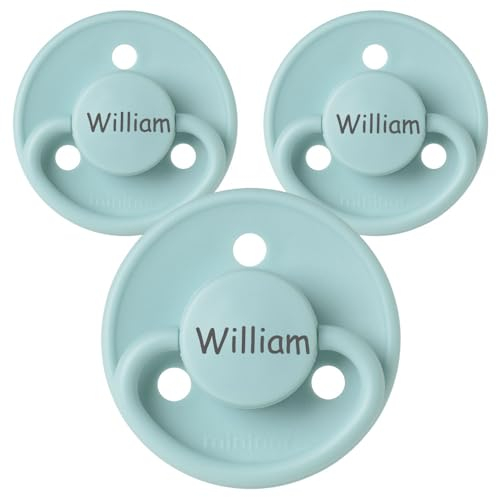 Namensschnuller, personalisiert auf Schnullern von Mininor, Silikon, Rund. Größe 1, 0-6 Monate, 3 Stück, Schnuller mit Namen, Nuckel, BPA-frei Schnuller, Graviert