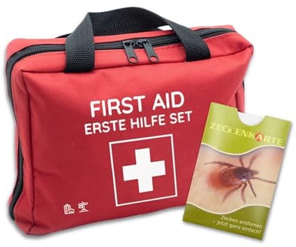 Erste-Hilfe-Tasche mit Sofort-Kältekompressen, Rettungsdecke und Pflastersortiment - 103-teilig gefüllt - Set - Zuhause & Outdoor (Tasche + Zeckenkarte)