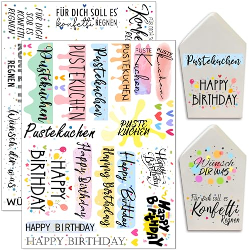 Hongma Rub On Sticker 19x14cm-Großformat Pustekuchen Happy Birthday Konfetti Wünsch Dir Was 2PCS Sprüche für Raysin für Keraflott Möbel Glas Holz DIY Deko Rub On Folie Rubons Aufkleber