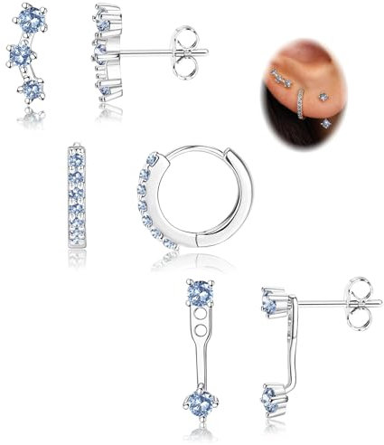Morfetto 3paar Ohrringe Silber 925 Set für Damen Ohrstecker Creolen Silber 925 Hypoallergen Ohrringe Klein Piercing Ohr Gold Ohrstecker Creolen Helix Piercing Set Hellblau CZ