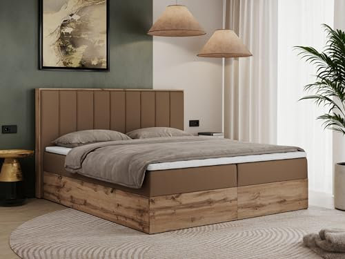 MKS MEBLE Boxspringbett 140x200 Mit Bettkasten Eiche, Polsterbett Mit Matratze H3, Kopfteil, Holzrahmen in Wotan Eiche - Braun Kunstleder - Bellissimo