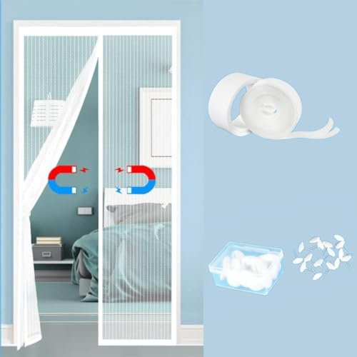 Magnétique Moustiquaire Porte Fenêtre Blanche 80x210cm, Rideau Anti-Mouches Coulissante Sans Perçage, Le meilleur choix pour les balcons, les caves et les cours.