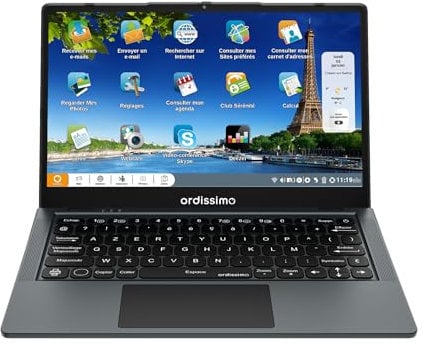 Ordissimo - Ordinateur Portable Ultra-Fin Agathe 4 Facile à Utiliser - Interface Intuitive avec Grand Écran et Clavier Français - Anti-Virus - Design Élégant - Webcam Intégrée - Gris foncé