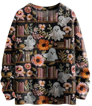 Dinglong Felpa Inter Donna Felpa a Maniche Lunghe con Collo Rotondo in Maglia Spessa a Righe alla con Stampa di Halloween Felpa Inter Donna