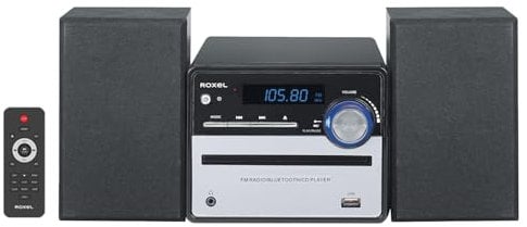 Roxel Micro All in One CD Player with USB Playback, FM Radio, BT Streaming, AUX In, and Remote Control for Versatile Listening RCD-230BT