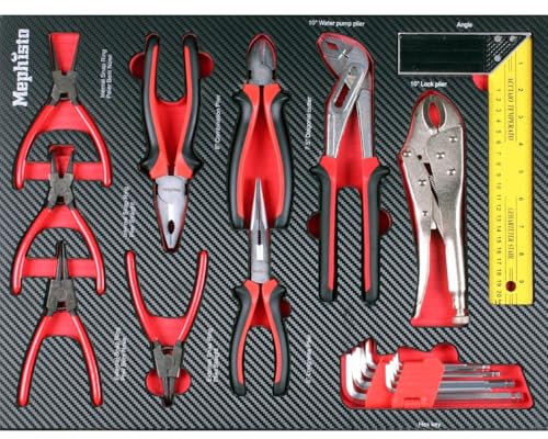 Mephisto Werkzeugeinlage Werkzeug Set Pro Line Werkstattwageneinlage mit Zangenset mit Innensprengringzange, Aussensprengringzange, Kombizange, Seitenschneider, Grippzange in Soft Inlay in Carbonoptik