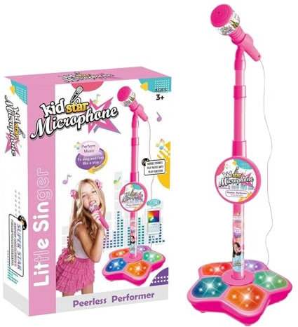 KIMODO Kids Microphone And Stand Kids Karaoke Machines For Girls Children's Microphone Adjustable Karaoke Machine With Light Pedal Girls Pastime Sing Musical Toy With Flashing (Pink, One Size)