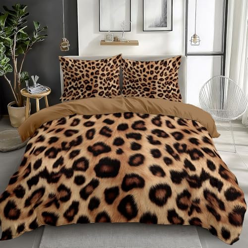 CozyRest Bettwäsche Set 135 x 200 cm Modischer Leopardendruck Tier Bettbezug 3 teilig Weich Mikrofaser Bettwaren, Braun Bettwäsche-Set für Kinder Teenager ReißVerschluss Mit 2 Kissenbezug 80x80 cm