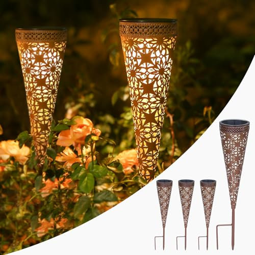 Görvitor 4 Stück Solarlampen für Außen Garten IP65 Wasserdicht, LED Metall Warmweiß Solarleuchten für Außen, Rost Gartenleuchten Solar Vintage Garten Deko für Draußen Balkon Terrasse Hof