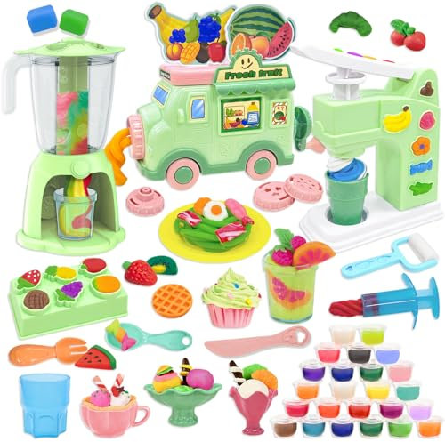 VBACALA Plastilina 3 en 1 para Niños -Juego de Cocina Creativa con Máquina de Helados,Pasta y Batidora de Smoothie + 62 Accesorios y 24 Latas de Plastilina,Regalos Juguete Educativo para Niños 3+ Años