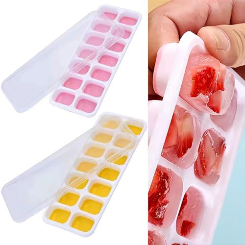 2 Pcs Ice Cube Trays, Ice Cube Moulds with No-Spill Removable Lid, Easy-Release Silicone and Flexible Ice Trays for Freezer, Whiskey, Cocktail and Drink (Pink,Yellow)