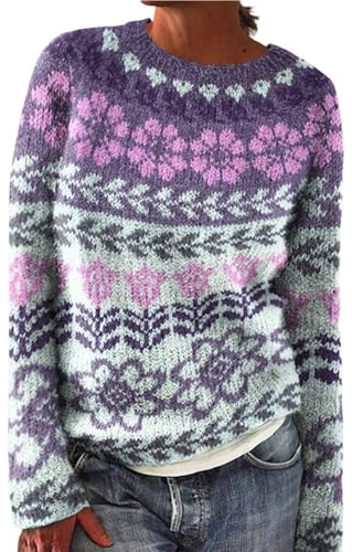 YCBMINGCAN Jersey de punto para mujer en estilo noruego, suéter de invierno de chenilla de punto grueso, parte superior de manga larga con estampado jacquard, cuello redondo informal