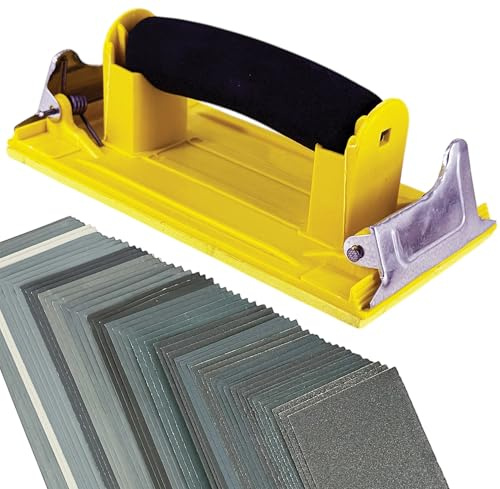 WYRELINE Hand Sanding Block | 50 Pack - 120 to 7000 Grit | Fine to Coarse Sandpaper for Wood, Walls and Automotive | Hand Sander and Sanding Pads Included for Flat and Even Finish