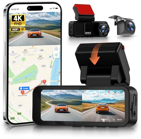 Rimoody 4K 2 Canali WIFI Dashcam Auto, 4K+2K Telecamera Anteriore e Posteriore, 3 Dash Cam con GPS/WIFI & APP Controllo/ADAS & BSD & LCA/Visione Notturna/G-Sensore/Loop Video/24H Parcheggio Monitor