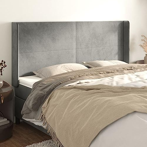 Mandloder Höhenverstellbares Kopfteil mit Ohren, hellgrau, 203x16x118/128 cm, Samtbezug, ideal für Boxspringbetten & Schlafzimmer
