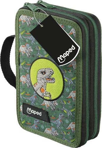 Maped - Federmäppchen für die Schule, gefüllt mit Dino – originelle AOP-Motive, praktischer Griff, robuster Reißverschluss – hochwertig und langlebig – Federmäppchen für die Schule für Kinder