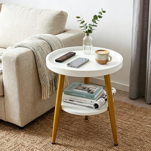 GFEMTH Beistelltisch Rund Holz | Runder Beistelltische Wohnzimmer | Couchtisch Klein mit Unterem Ablage | Sofatisch H48x Ø40 cm Einfacher Aufbau | Wohnzimmertisch für Couch Sofa(Weiß)