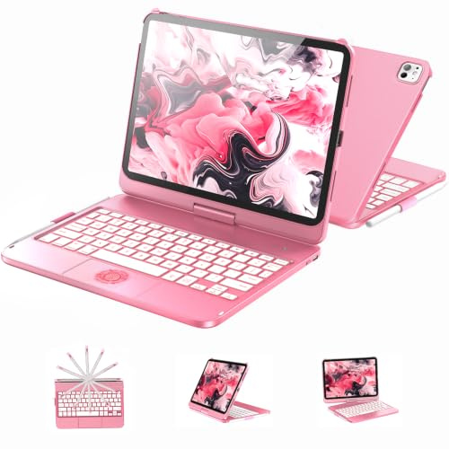 aMZCaSE Keyboard Case for iPad Pro 11 inch(M5/2025,M4/2024) | 7 Colors Backlight with Keyboard Case Touch for 360° Rotatable&Pencil Holder,UK Layout(Rose gold)