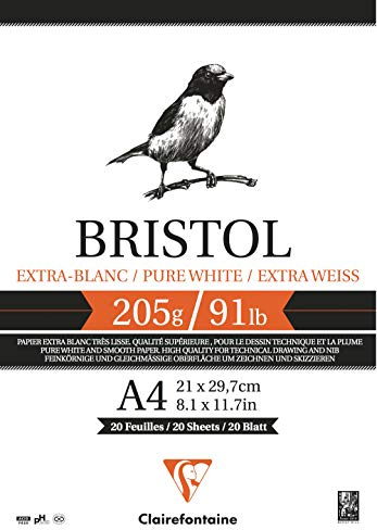Clairefontaine 96173C Bristolkarton Block, Din A4, 21 x 29.7 cm 205 g, 20 Blatt Packung, weiß