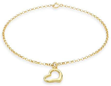 CARISSIMA Women's 9 ct Yellow Gold Heart Charm 1.5 mm Round Belcher Chain Bracelet of Length 18 cm/7 Inch