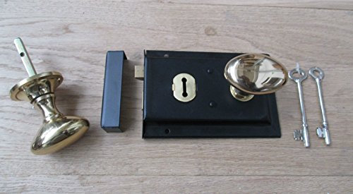 IRONMONGERY WORLD® Black Lock and Polished Brass Traditional Old Vintage Style Rim Door Lock & Rim KNOB Set Handles (Oval Rim KNOB)