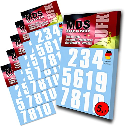 MDS Brand 5cm Zahlen Aufkleber Weiss | Selbstklebende Klebezahlen | Vinyl Hausnummern zum Aufkleben für Briefkasten, Mülltonnen, Hausnummer für Außen & Innen Weiss (5xpk)
