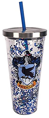 Spoontiques - Harry Potter Tumbler - Ravenclaw Glitter Cup with Straw - 20 oz - Acrylic - Blue