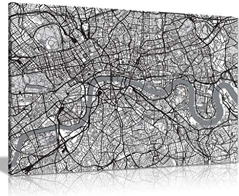 Black & White Map Of London Urban Canvas Wall Art Picture Print (36x24)
