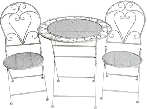 GlamHaus Garden Bistro Patio Set, 3 Piece Outdoor Or Indoor Metal Foldable Furniture, 2 Chairs And 1 Table For Balcony, Decking, Terrace, Lawn, Shabby Chic - Monaco (Antique Grey)